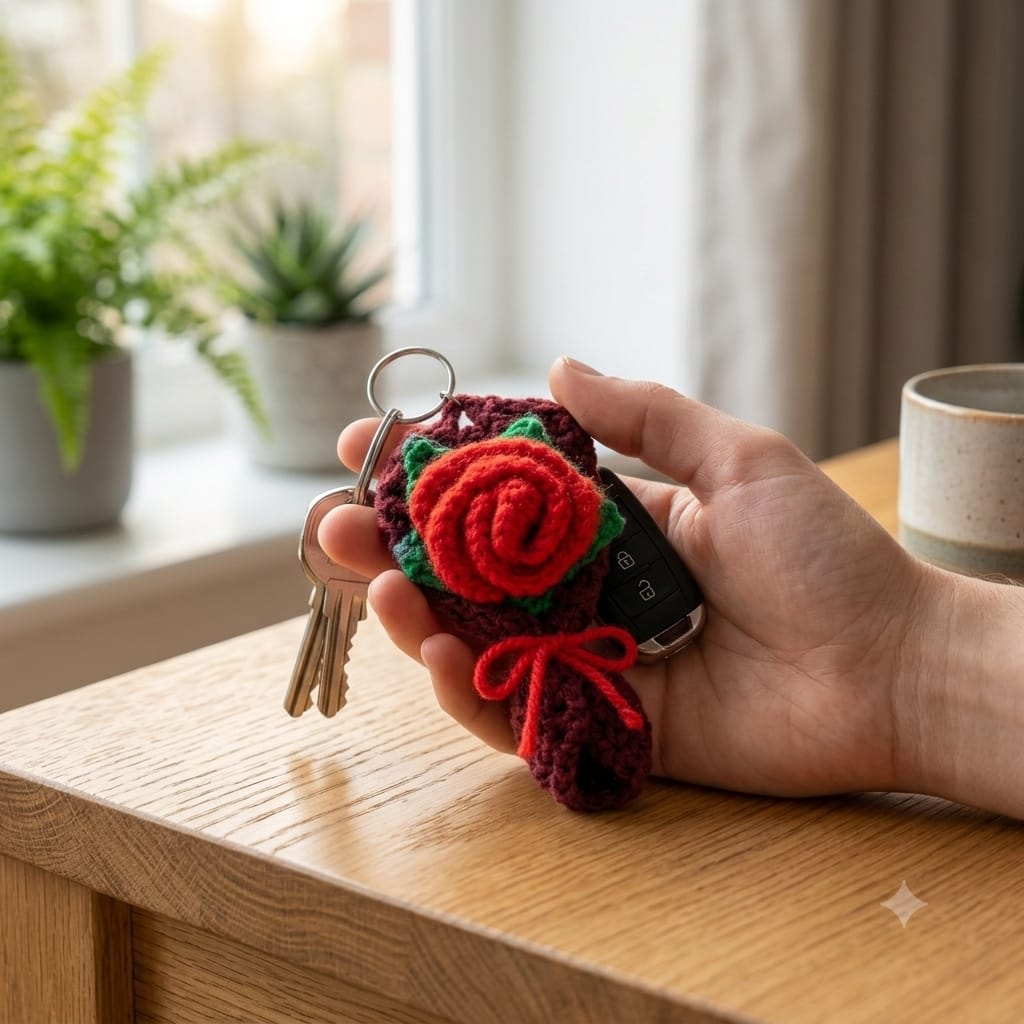 Handmade Crochet Red Rose Bouquet Keychain