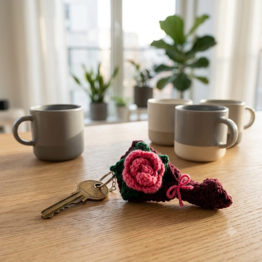 Handmade Crochet Pink Rose Bouquet Keychain