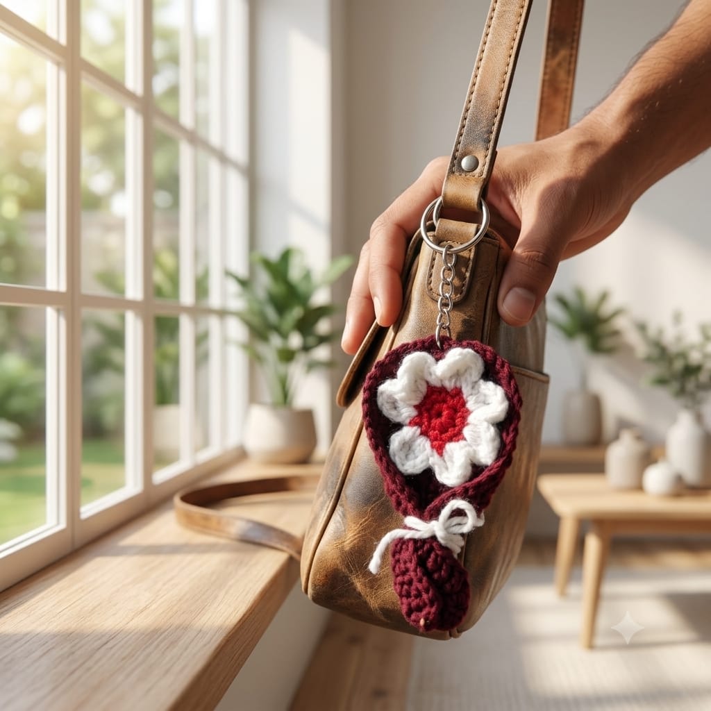 Handmade Crochet White & Red Daisy Flower Bouquet Keychain