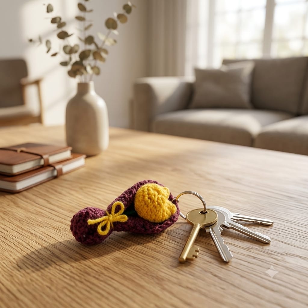 Handmade Crochet Yellow Tulip Bouquet Keychain For Car Keys, Bags & Gifting