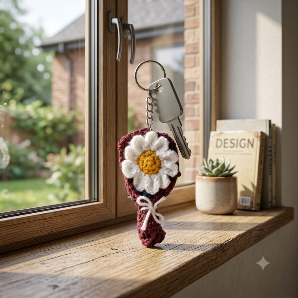 Handmade Crochet White Sunflower Bouquet Keychain For Car Keys, Bags & Gifting