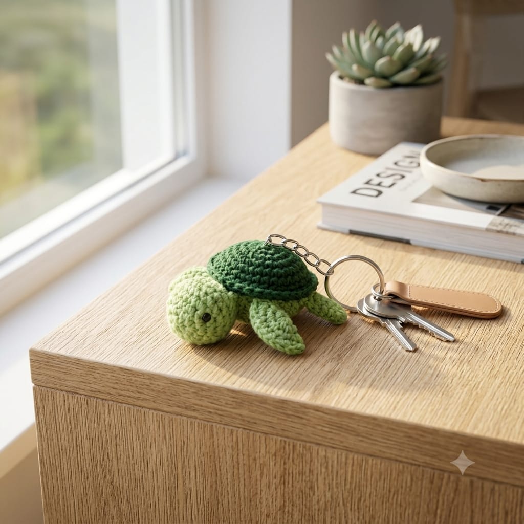 Handmade Crochet Green Turtle Keychain Cute Animal Bag Charm For Car Keys, Bags & Gifting