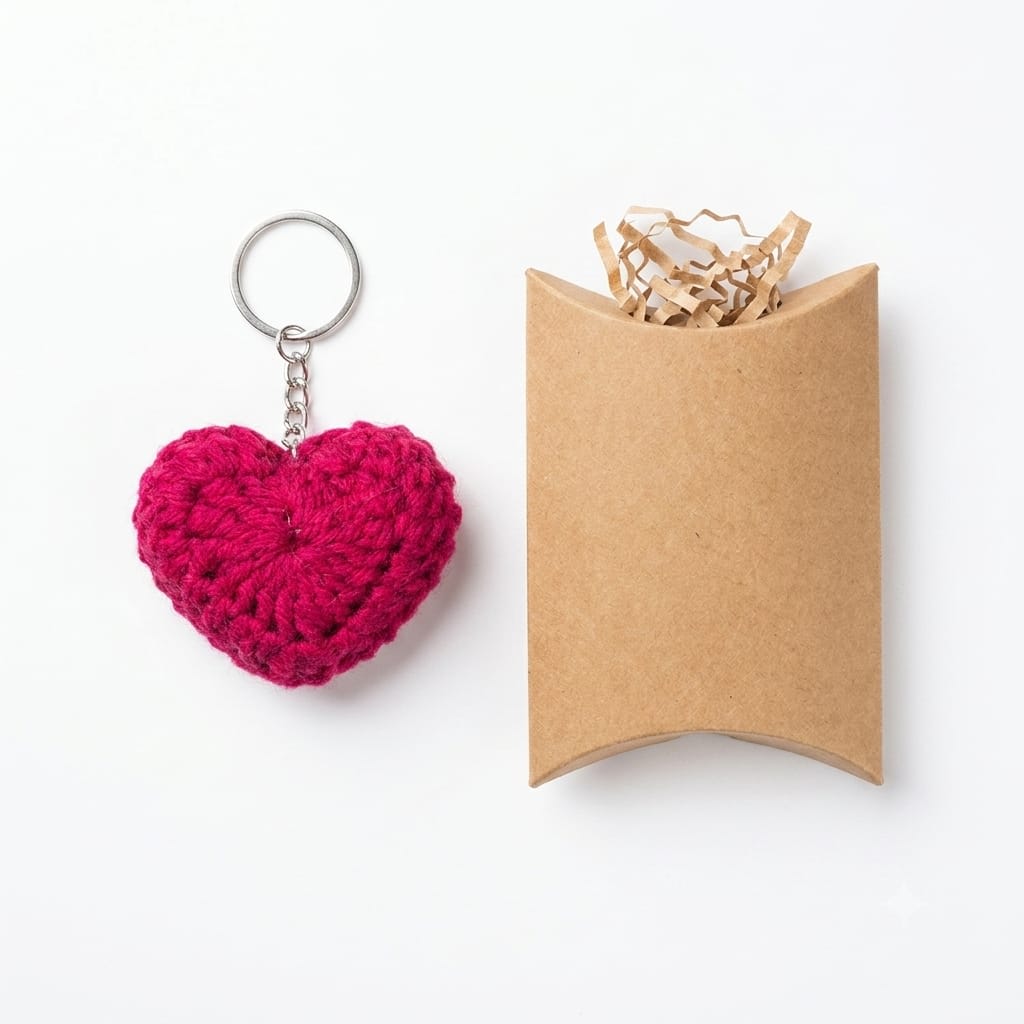 Handmade Crochet Red Heart Keychain Soft Puffy Bag Charm For Car Keys, Bags & Gifting