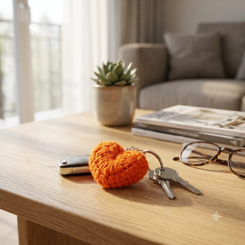 Handmade Crochet Orange Heart Keychain Soft Puffy Bag Charm For Car Keys, Bags & Gifting