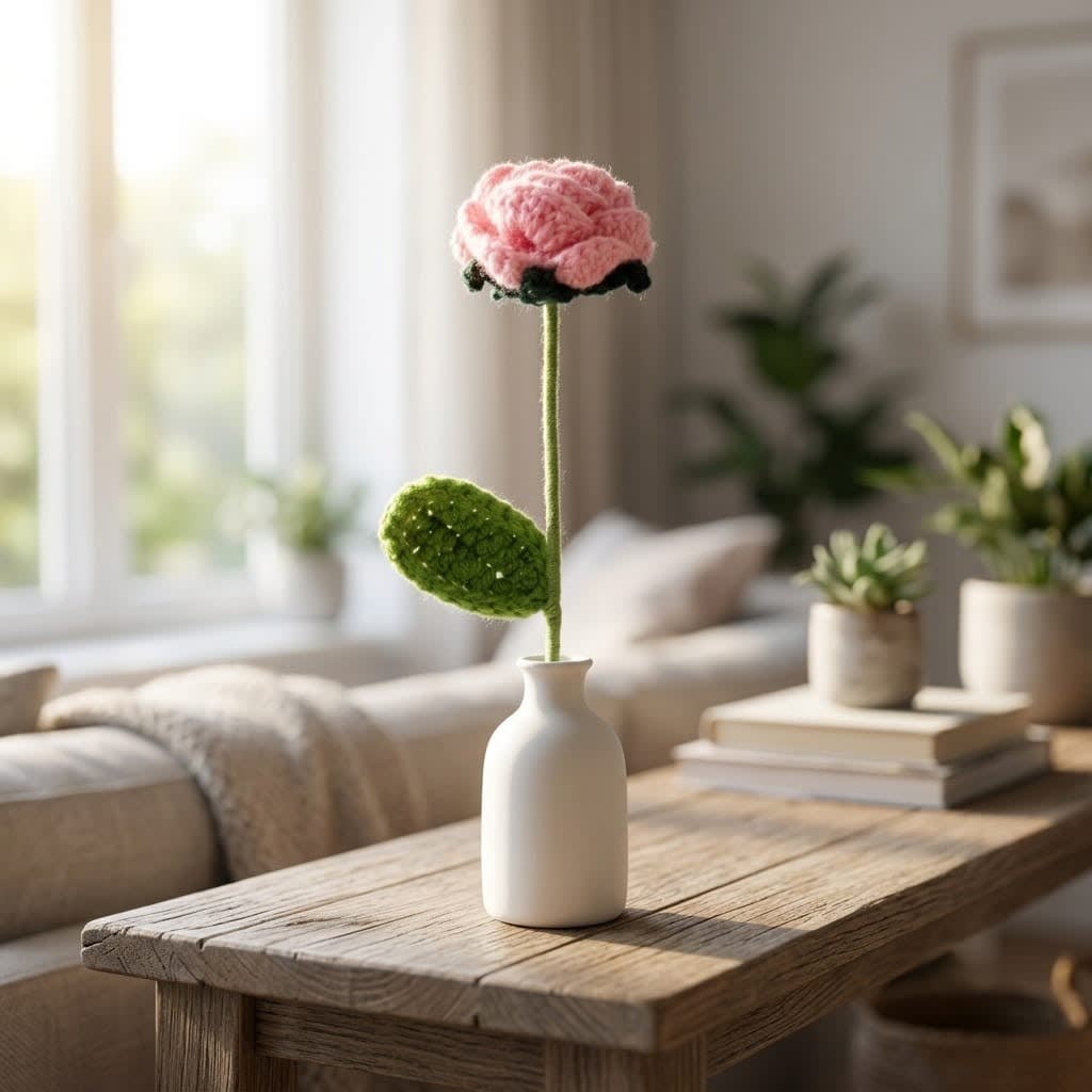 Handmade Crochet Pink Rose Flower Stem for Home Decor, Vase & Gifting