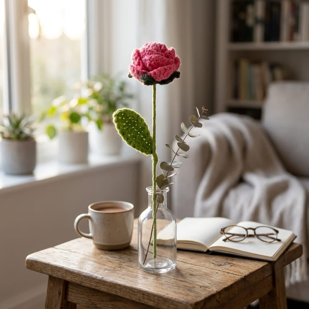 Handmade Crochet Magenta Rose Flower Stem for Home Decor, Vase & Gifting