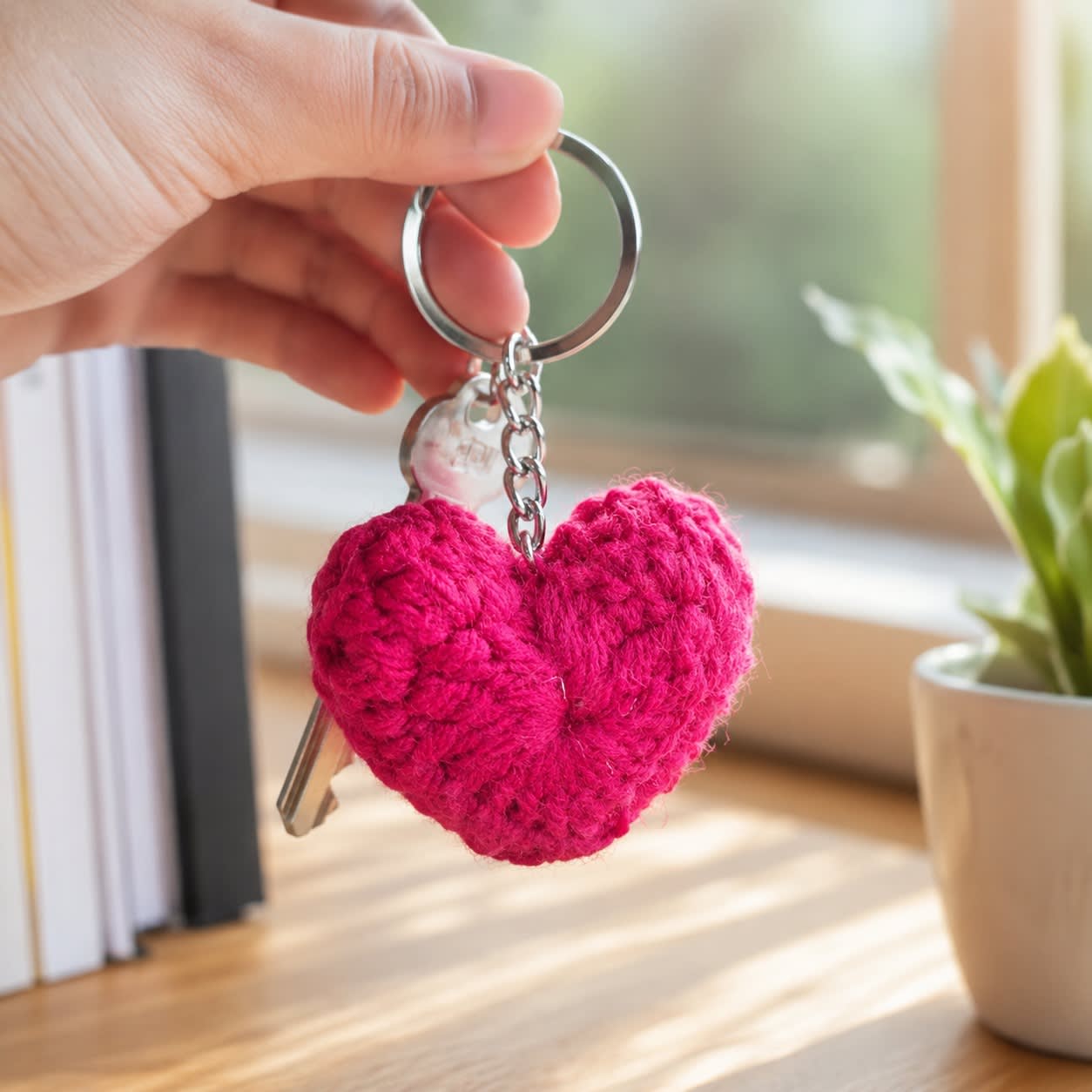 Handmade Crochet Hot Pink Heart Keychain