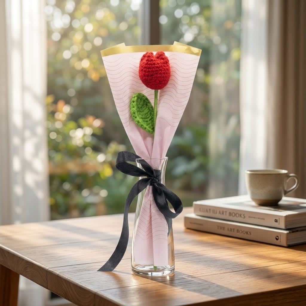 Handmade Crochet Red Tulip Flower Mini Bouquet for Gifting & Home Decor