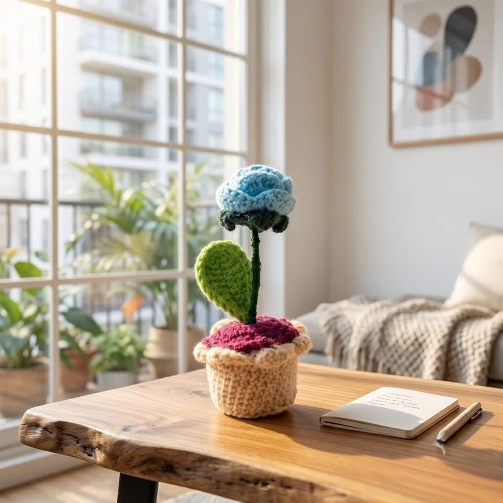 Handmade Crochet Mini Potted Light Blue Flower Plant for Car Dashboard, Office Desk & Room Decor