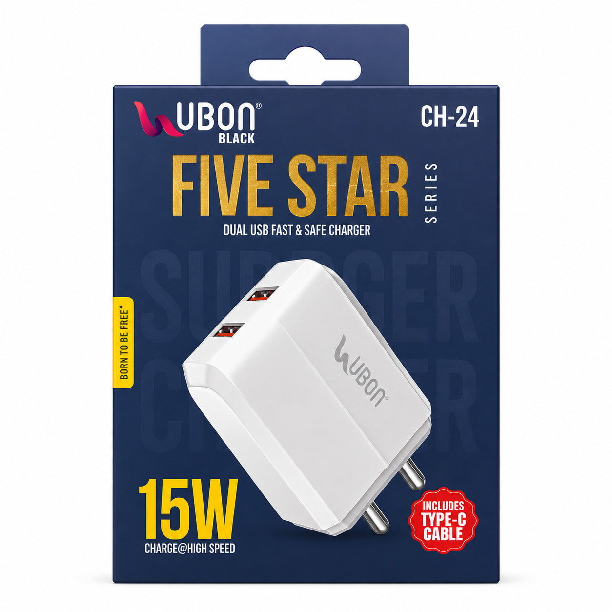 UBON CH-24 Five Star Series 15W Dual USB Fast Charger Adapter with Type-C Cable