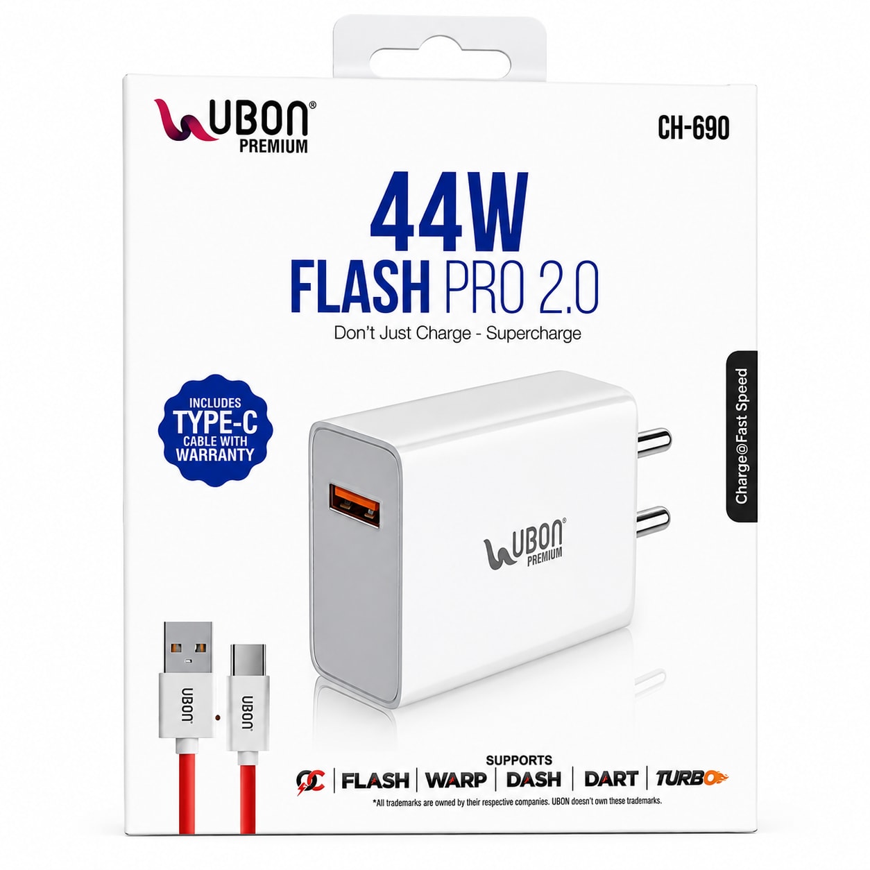 UBON CH-690 44W Flash Pro 2.0 Fast Charger Adapter with Type-C Data Cable