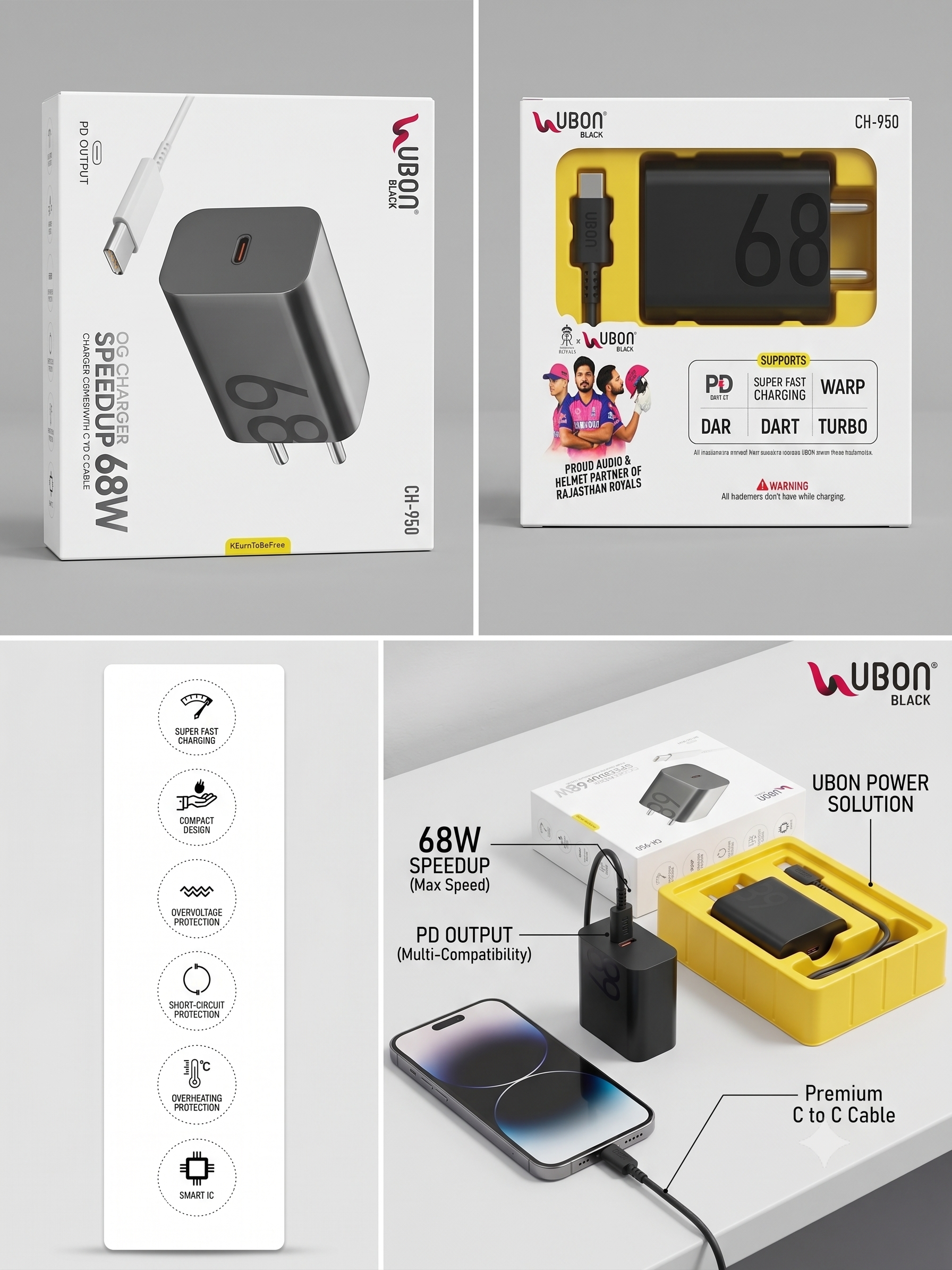UBON Black 68W Charger CH-950