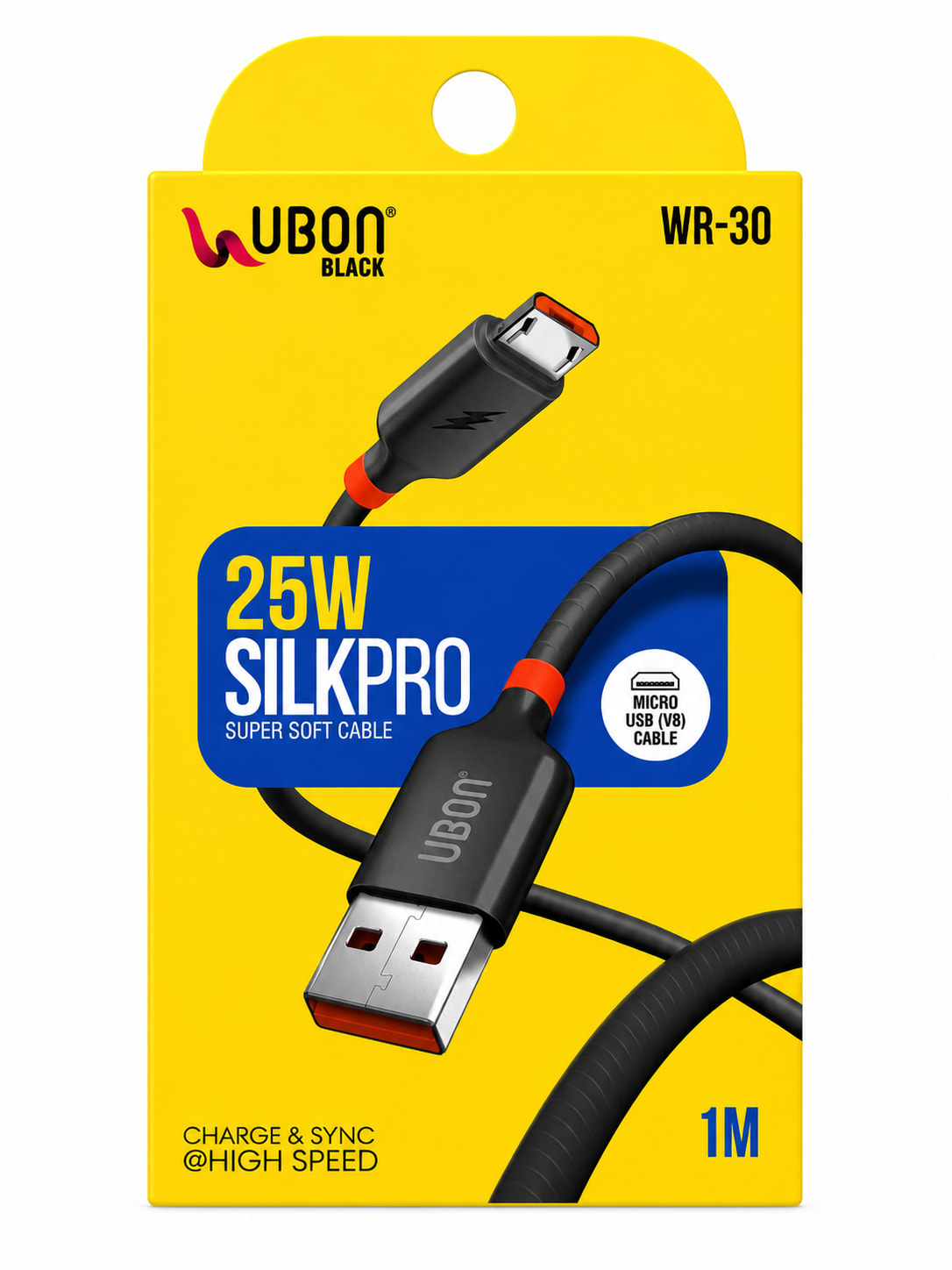 UBON Black Silkpro 25W Super Soft Micro USB (V8) Fast Charging & Data Sync Cable
