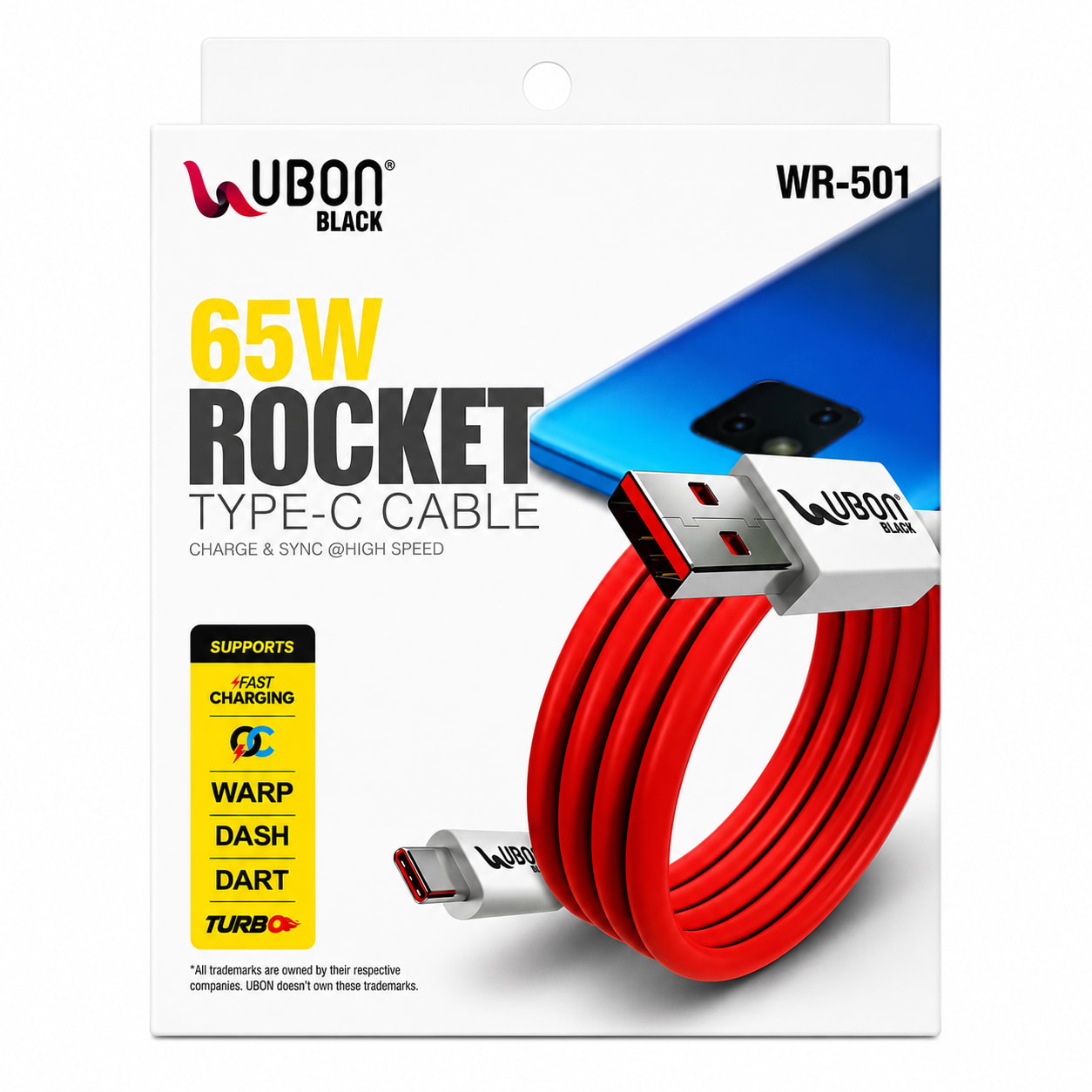 UBON Black WR-501 65W Rocket Type-C Cable