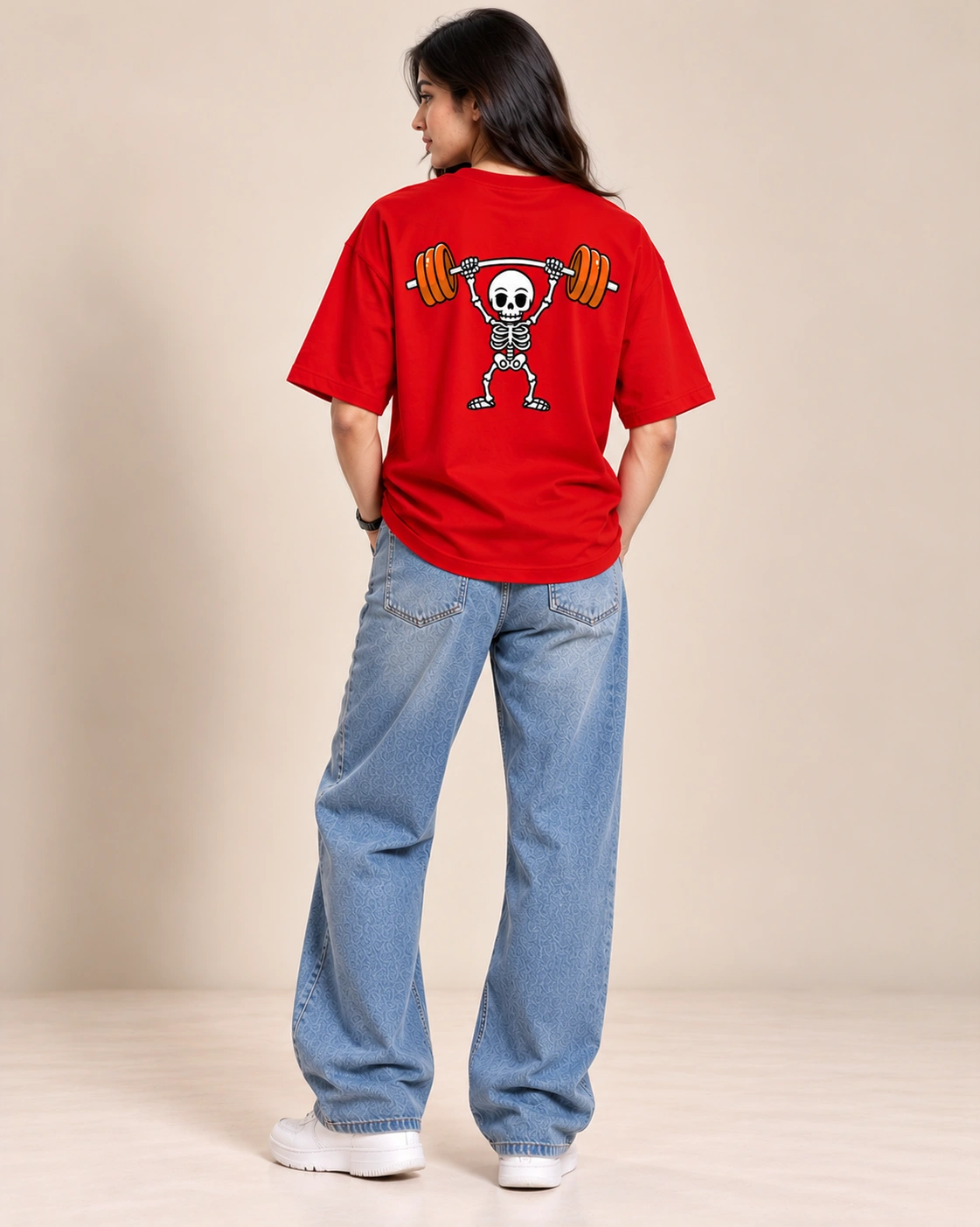 Skeleton Lifter Women's Oversized Graphic T-Shirt - red