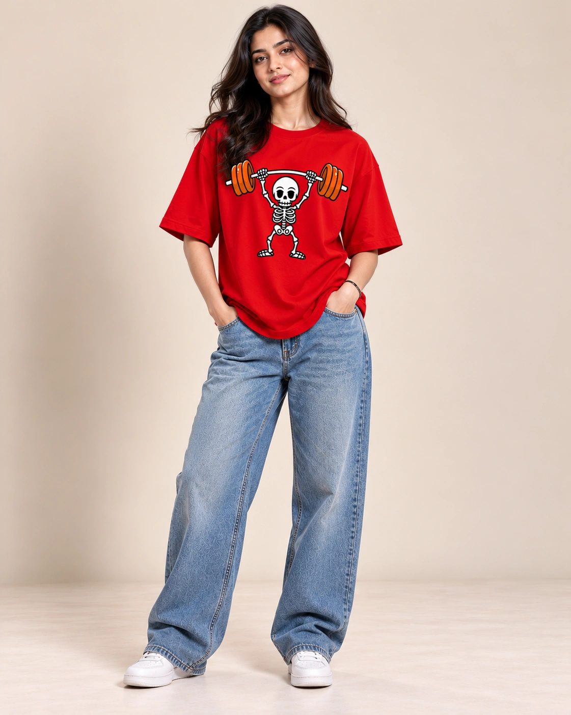 Skeleton Lifter Women's Oversized Graphic T-Shirt - red