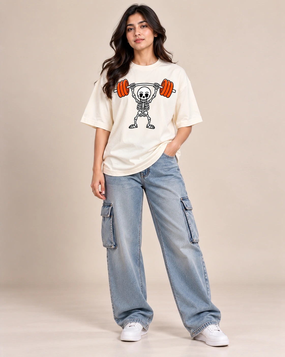 Skeleton Lifter Women's Oversized Graphic T-Shirt - Offwhite