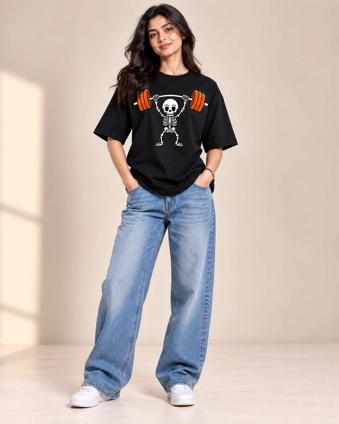 Skeleton Lifter Women's Oversized Graphic T-Shirt - Black