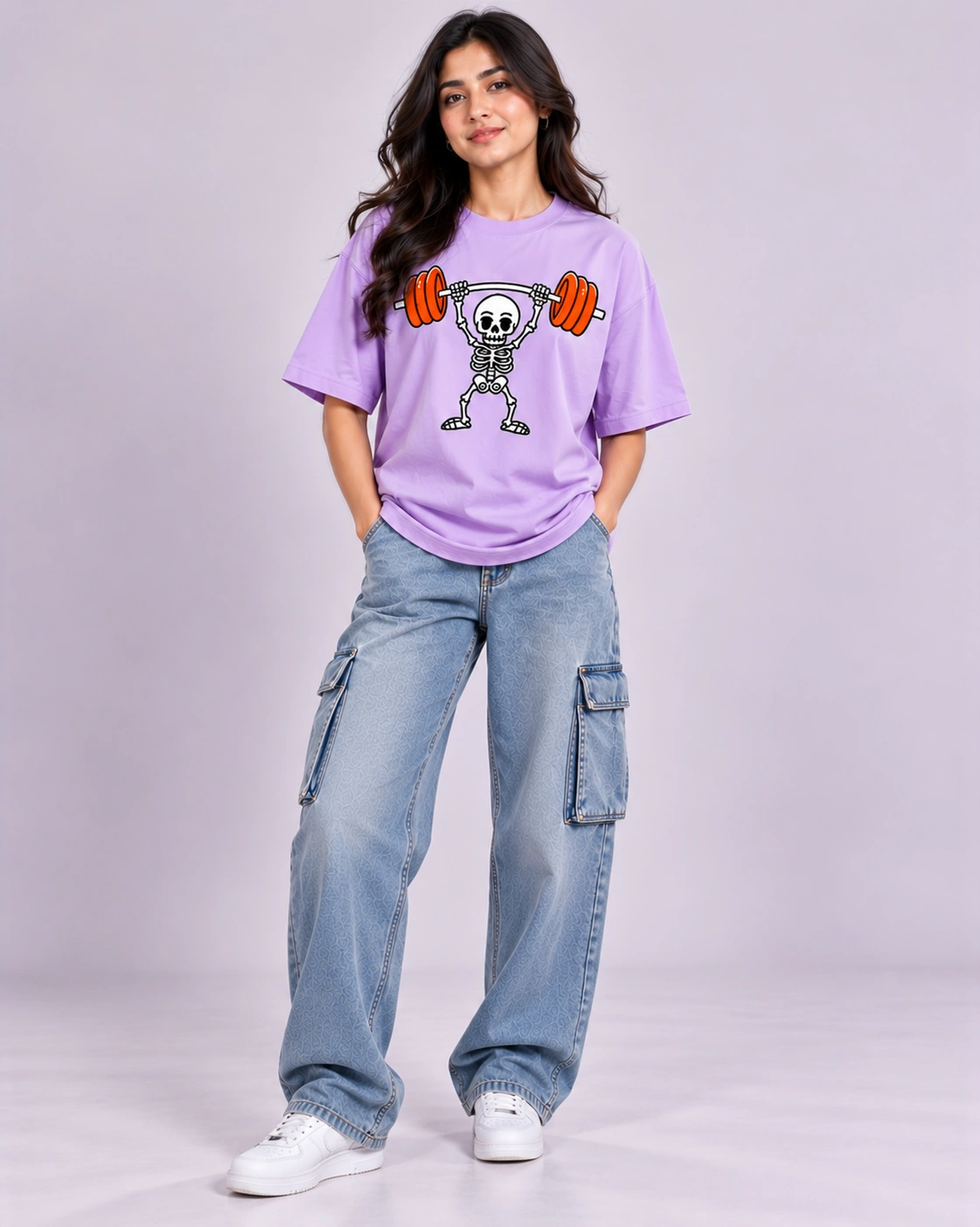Skeleton Lifter Women's Oversized Graphic T-Shirt - Lavender