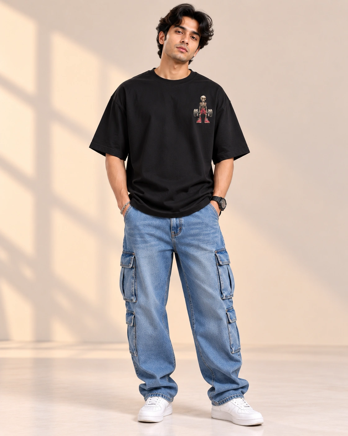 Skeleton Lifter Oversized T-Shirt - Black