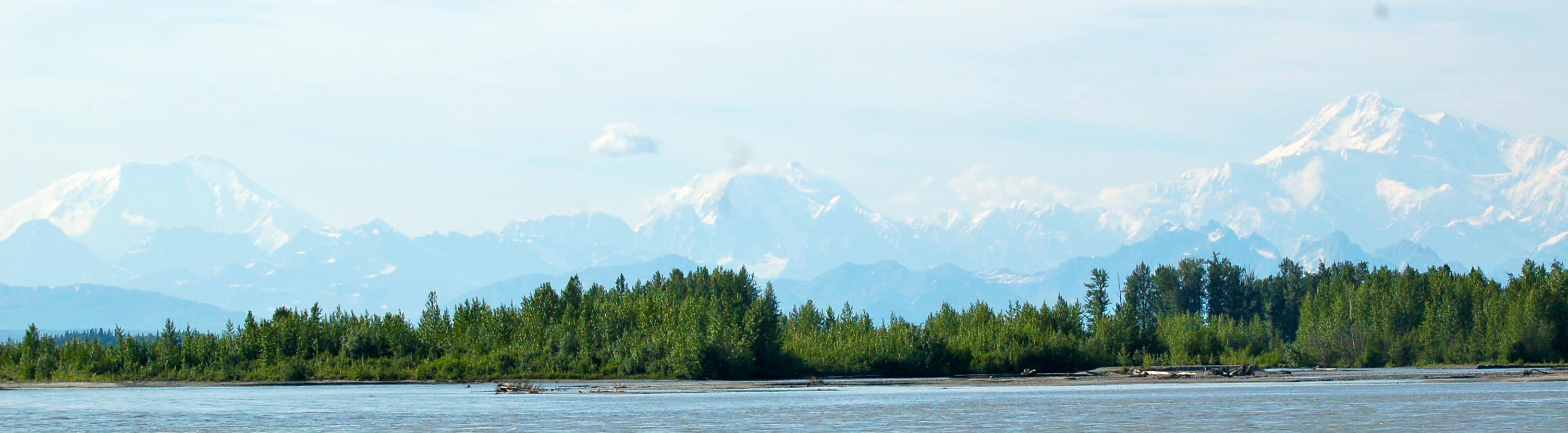 The three peaks of the Alaska Range from Talkeetna: Mount Foraker, Mount Hunter, and Mount McKinley