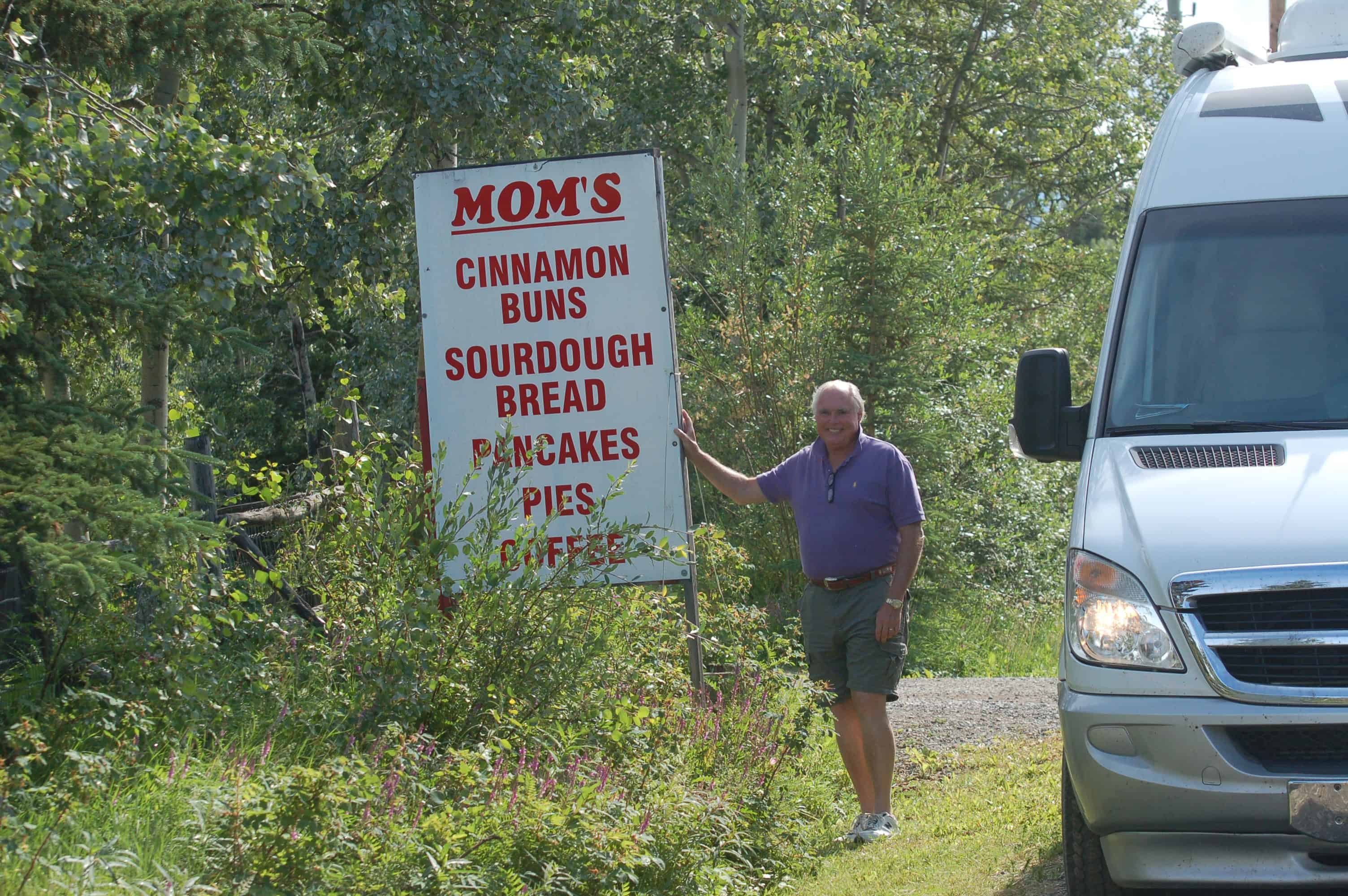 Mom's Bakery signage along the highway