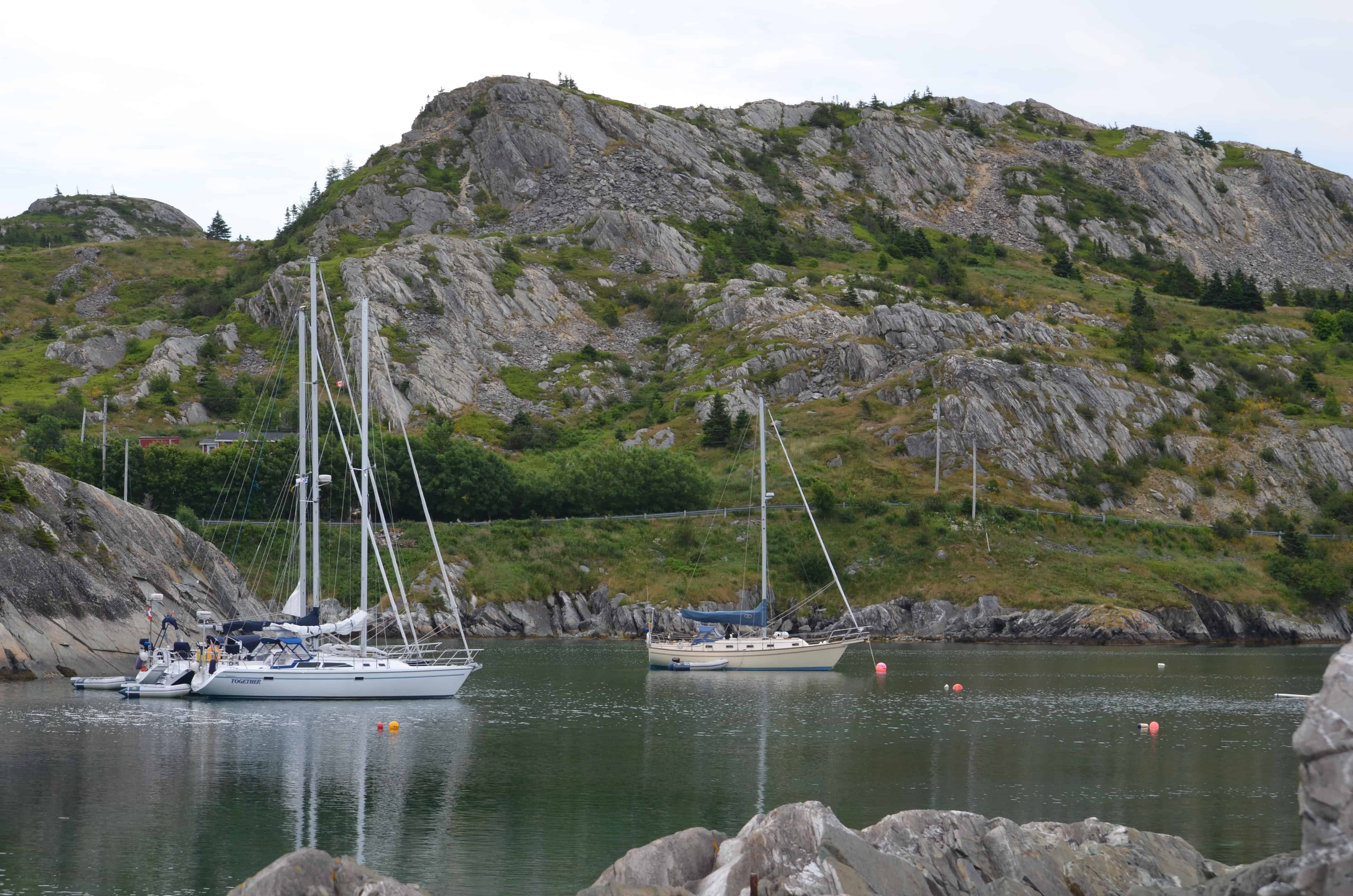 Sailboats moored in Brigus harbor