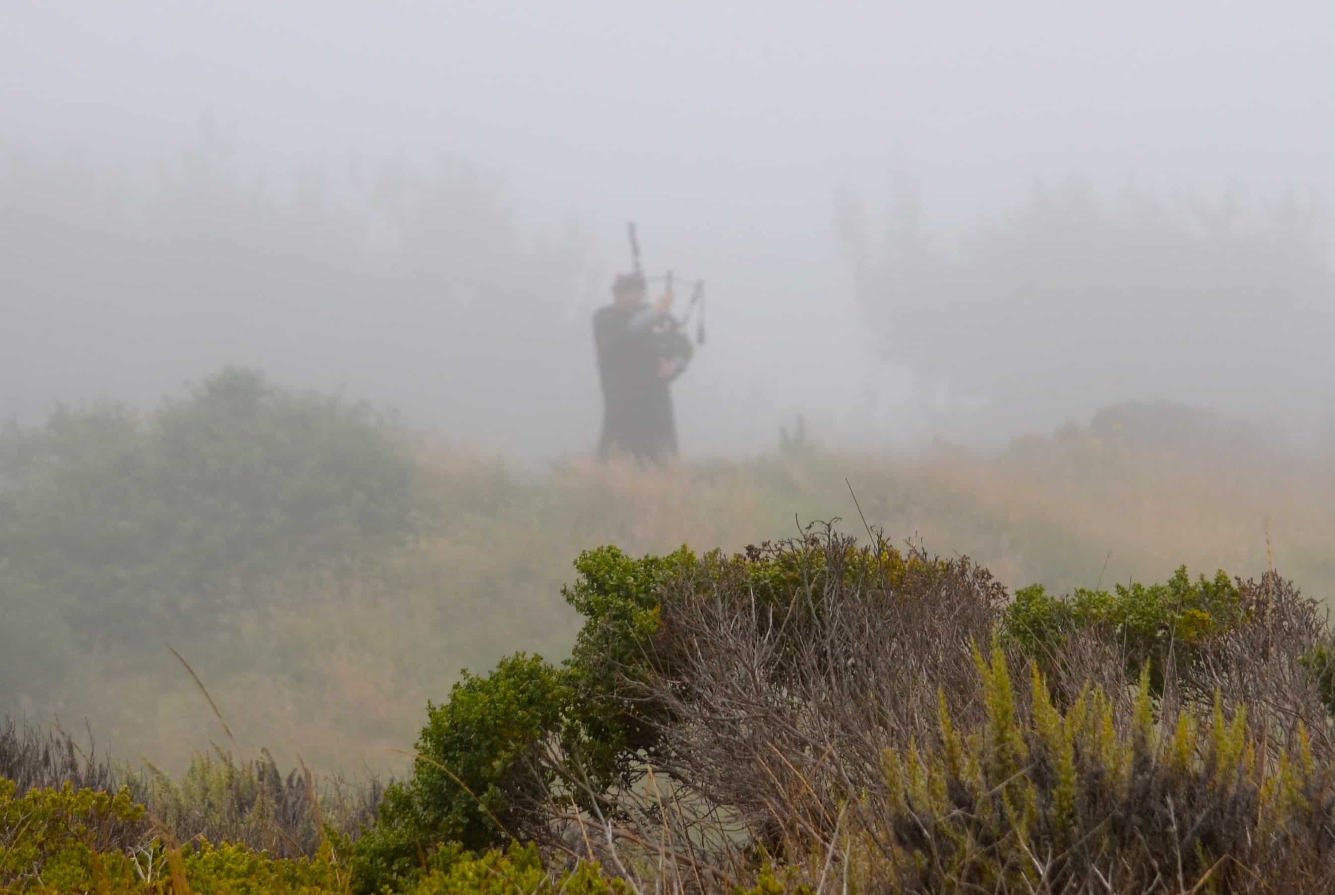 The bagpiper, somewhere in the fog