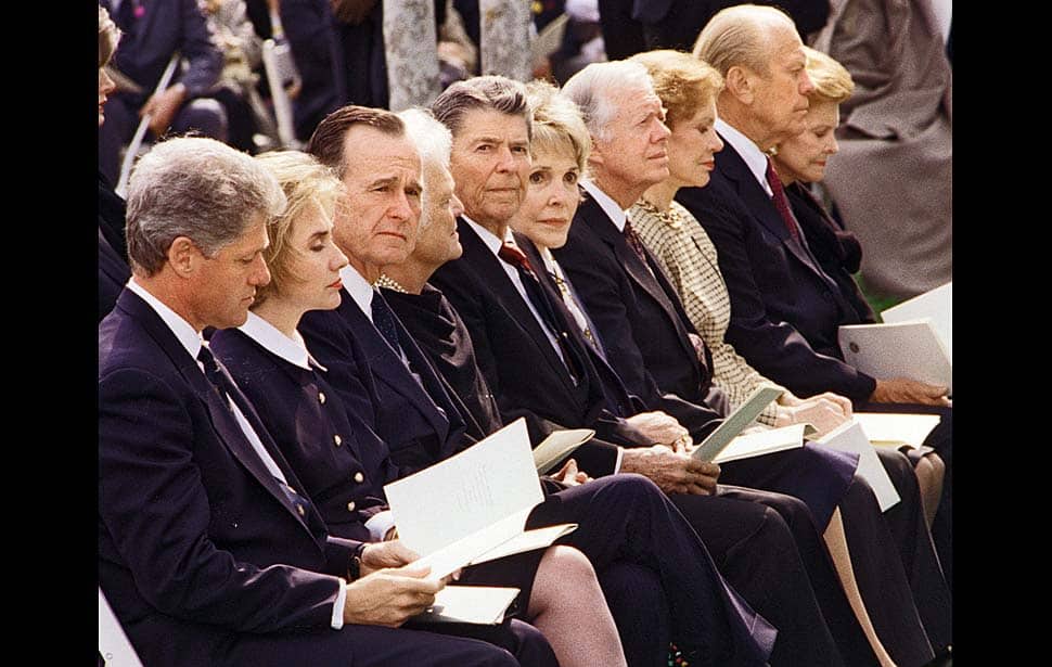 Five living presidents (Ford, Carter, Reagan, George H. W. Bush, and Clinton) at the Nixon funeral