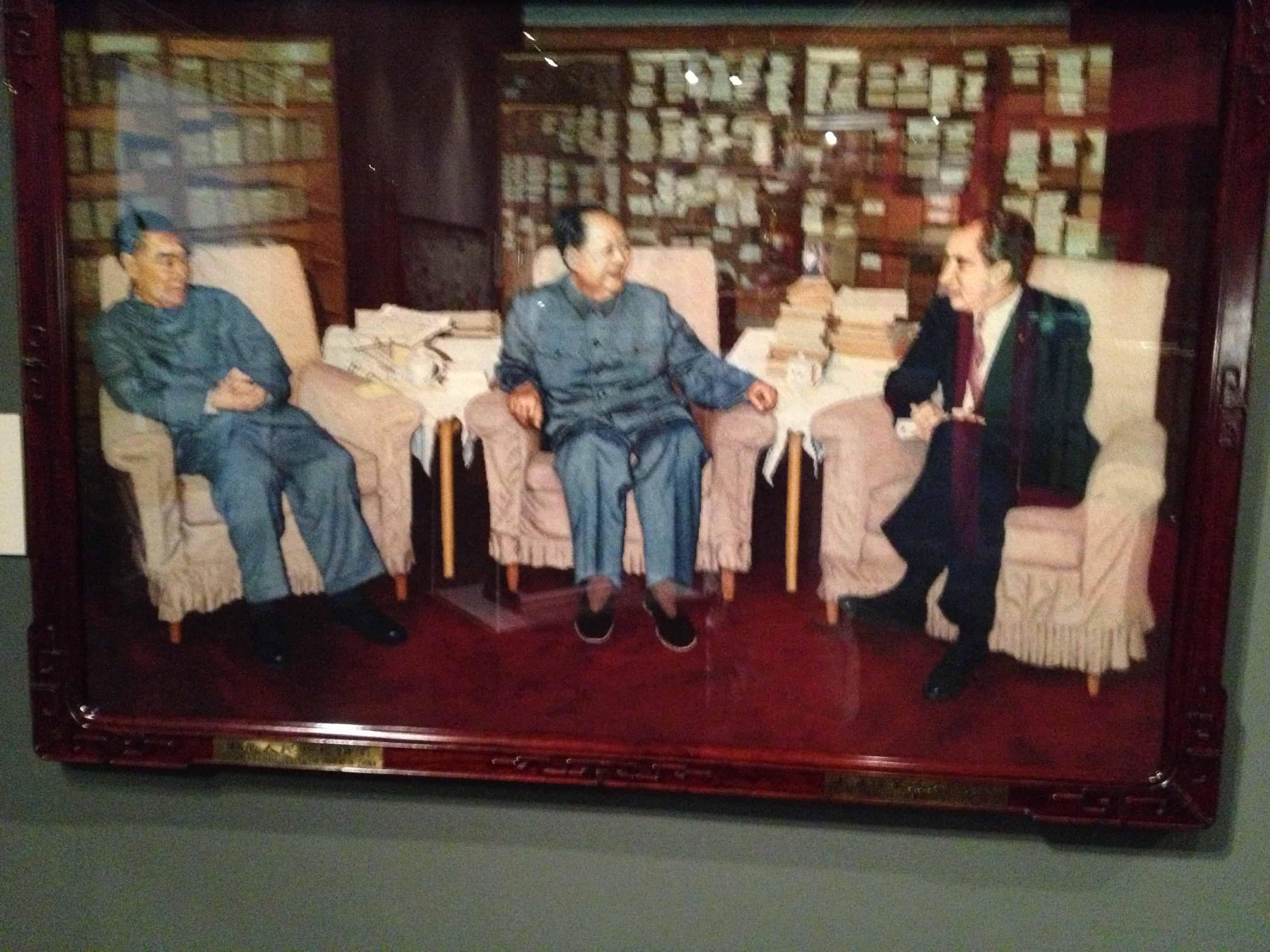 Needlepoint of Nixon, Chairman Mao, and Zhou Enlai, 1972 (made in 1991)