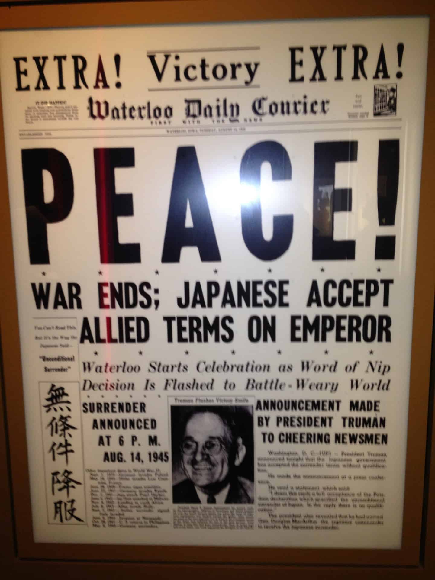 The headline announcing peace in Japan
