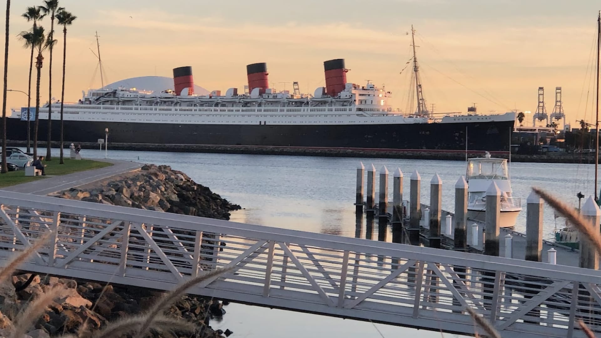 The Queen Mary in her Long Beach berth at sunset