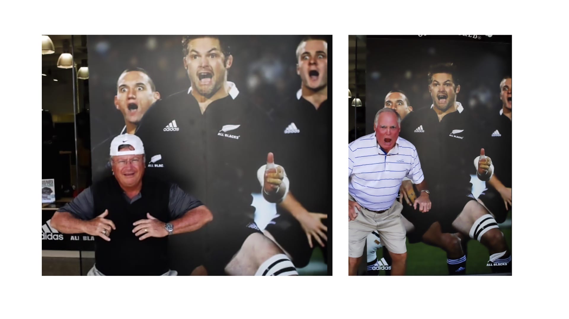 Pete and John attempting the Haka in front of the All Blacks