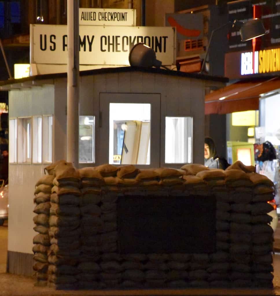 The replica of Checkpoint Charlie with costumed actors