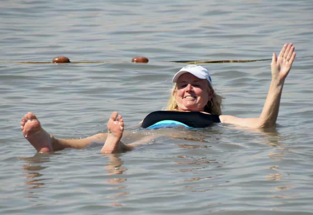 Janice floating in the Dead Sea
