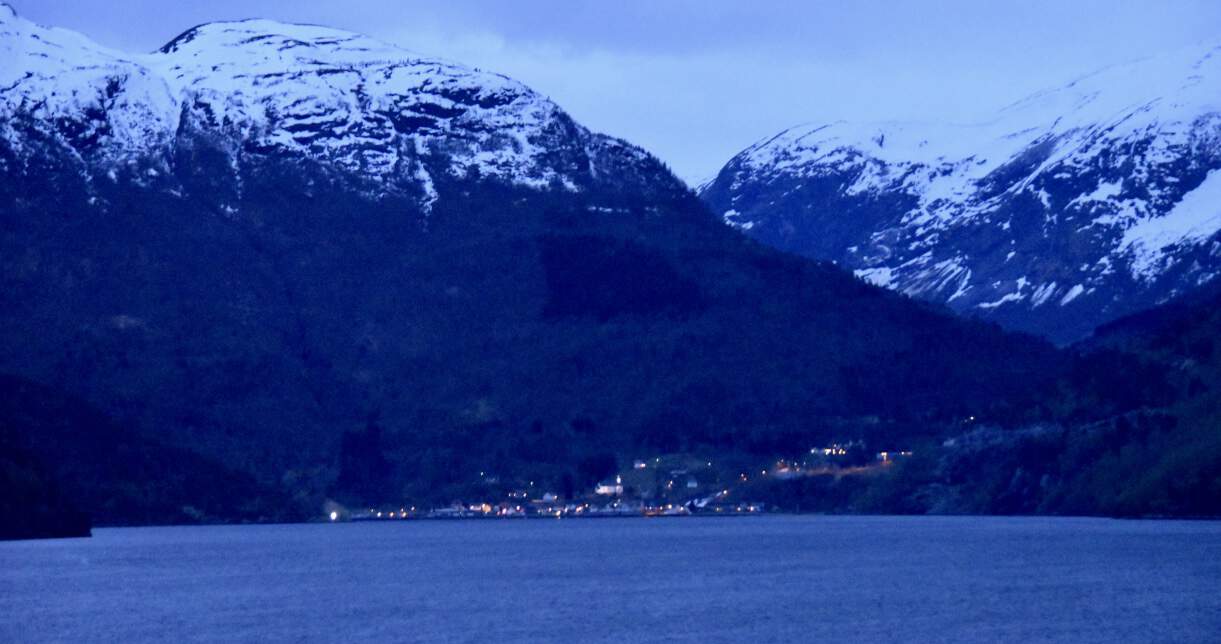 Entering Geirangerfjord at dawn
