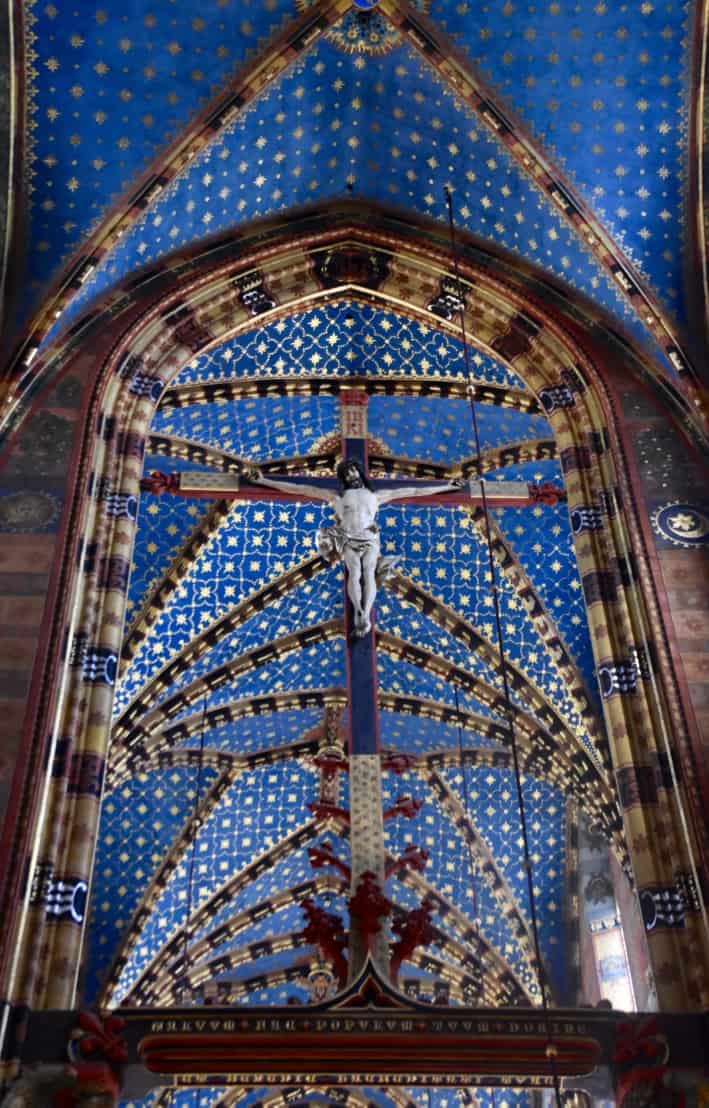 A stained glass window inside St. Mary's Church in Krakow