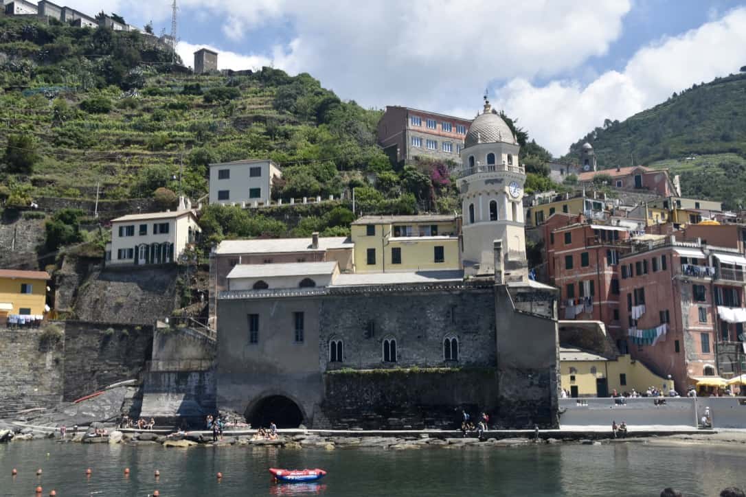 Looking up from the beach at Vernazza