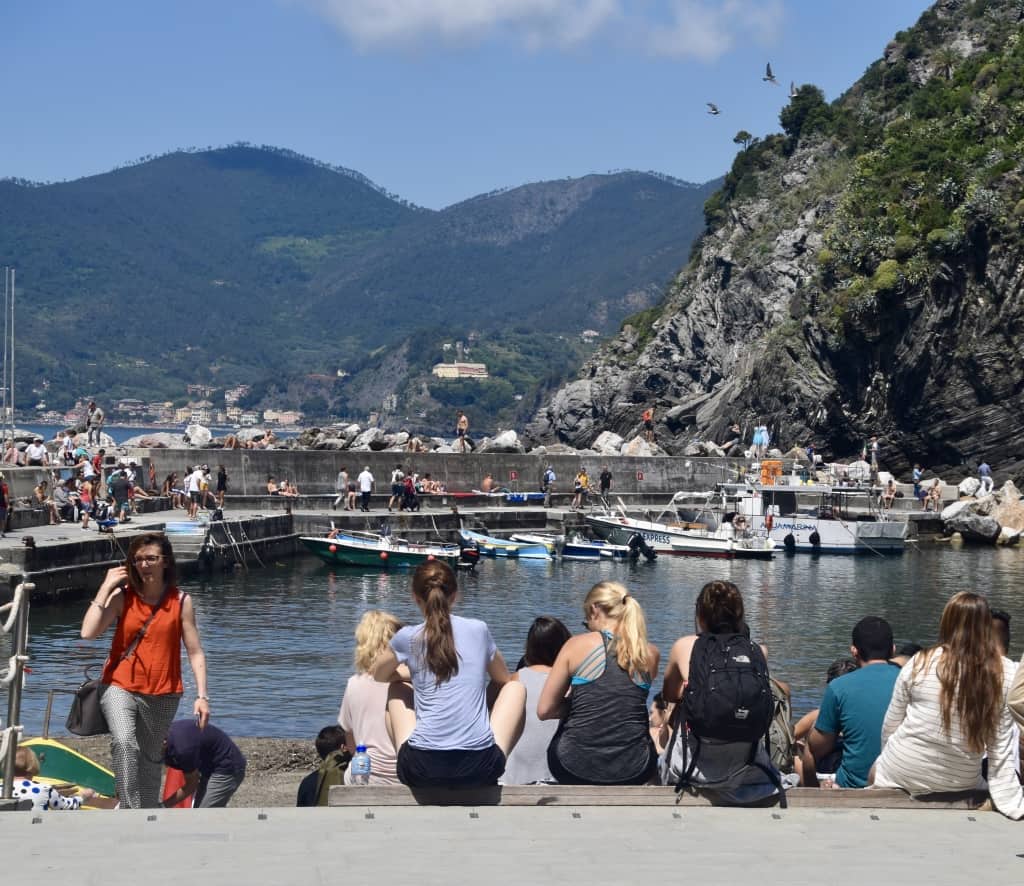 Students sunning on the rocks at Vernazza