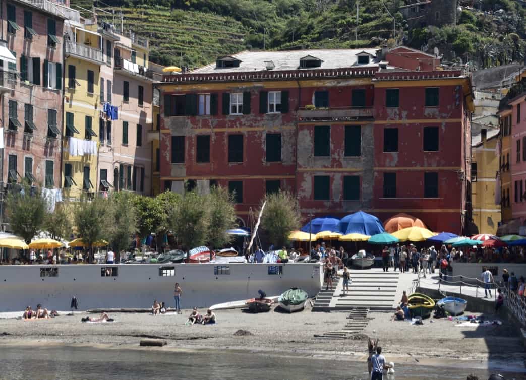 The village of Vernazza behind the beach