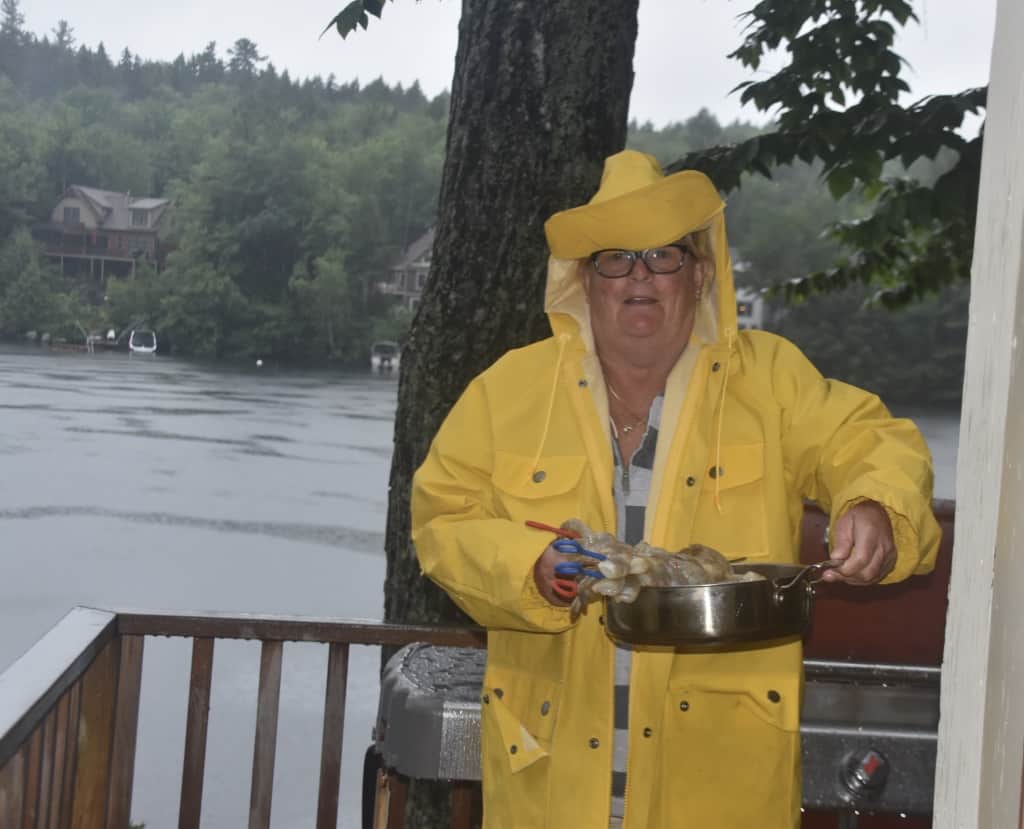 Connie at the grill in the rain