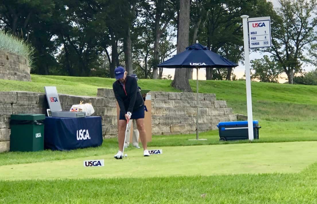 Janice on the first tee at Cedar Rapids