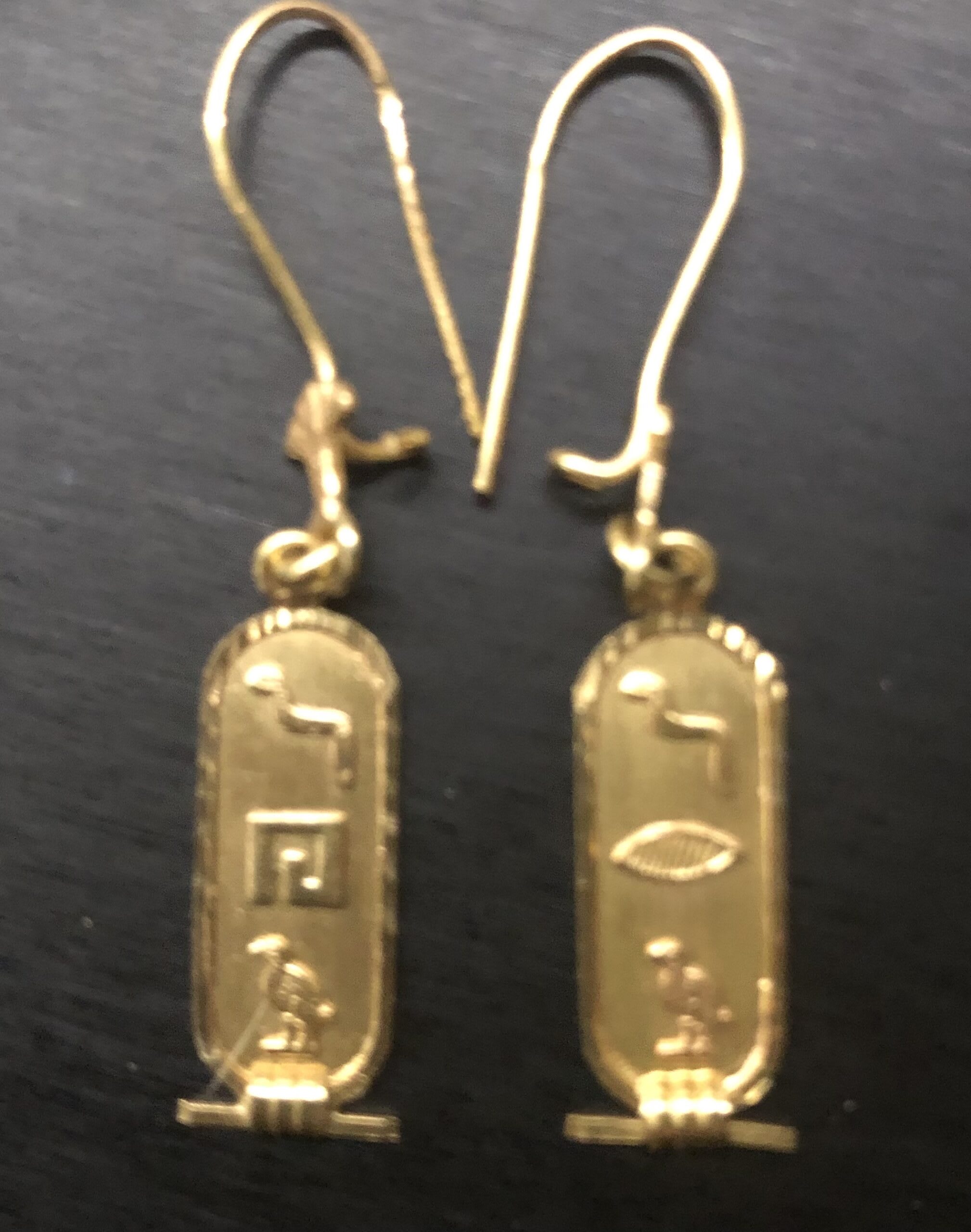 The cartouche earrings, our initials in hieroglyphs