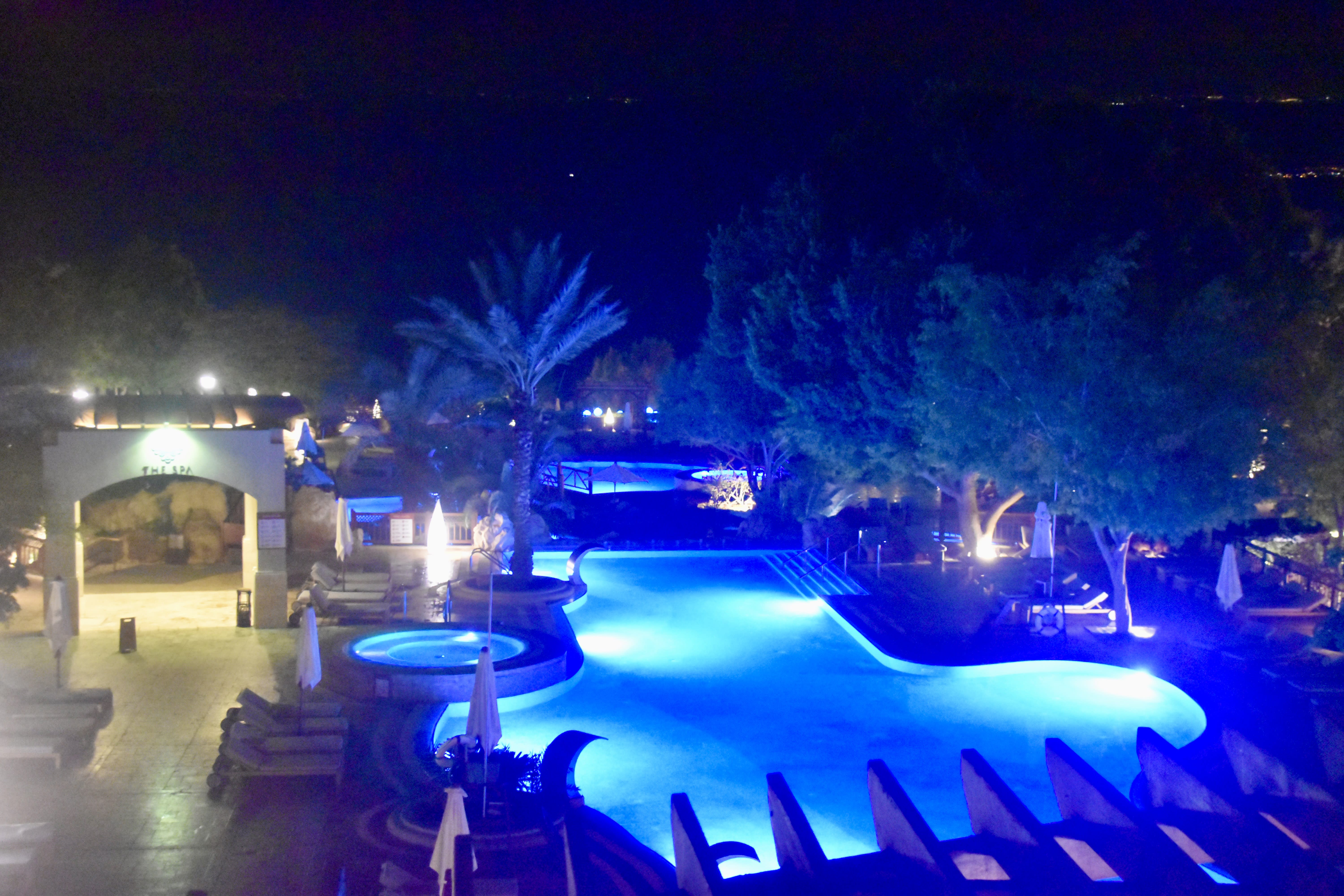 The Dead Sea from our balcony, the lights of Israel across the water