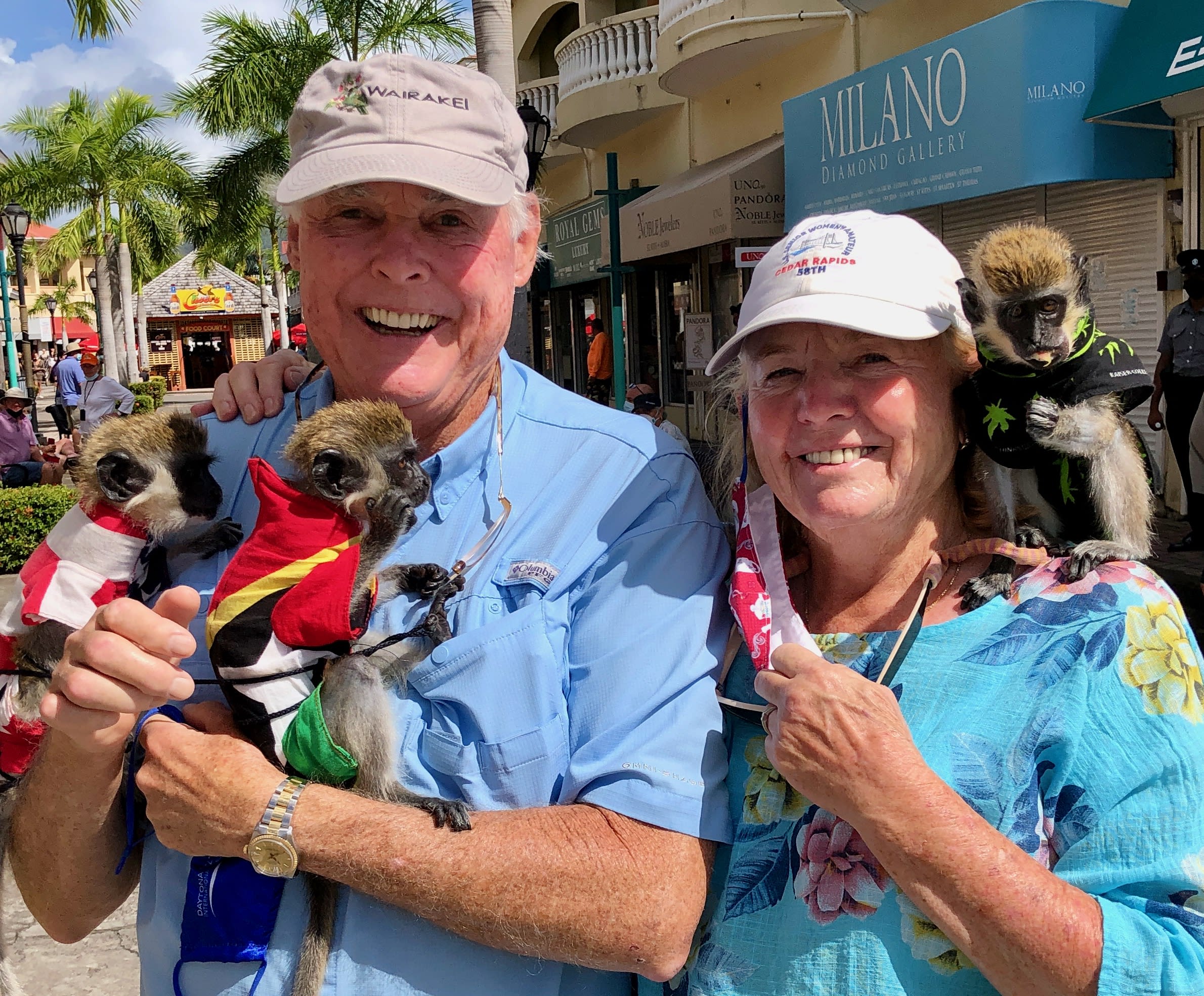 John and Janice with the monkeys in St. Kitts