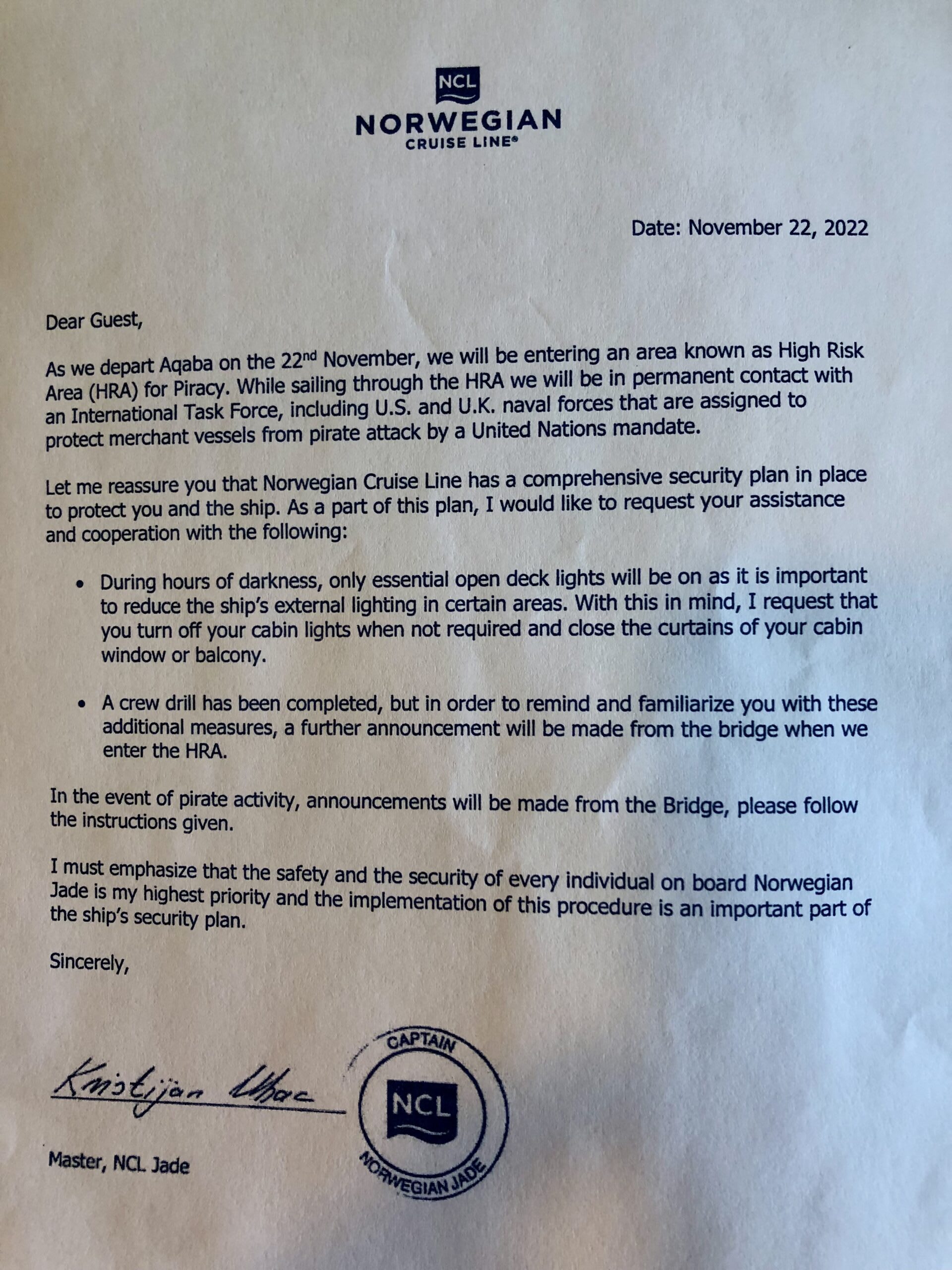The letter left in our cabin about the high-risk area