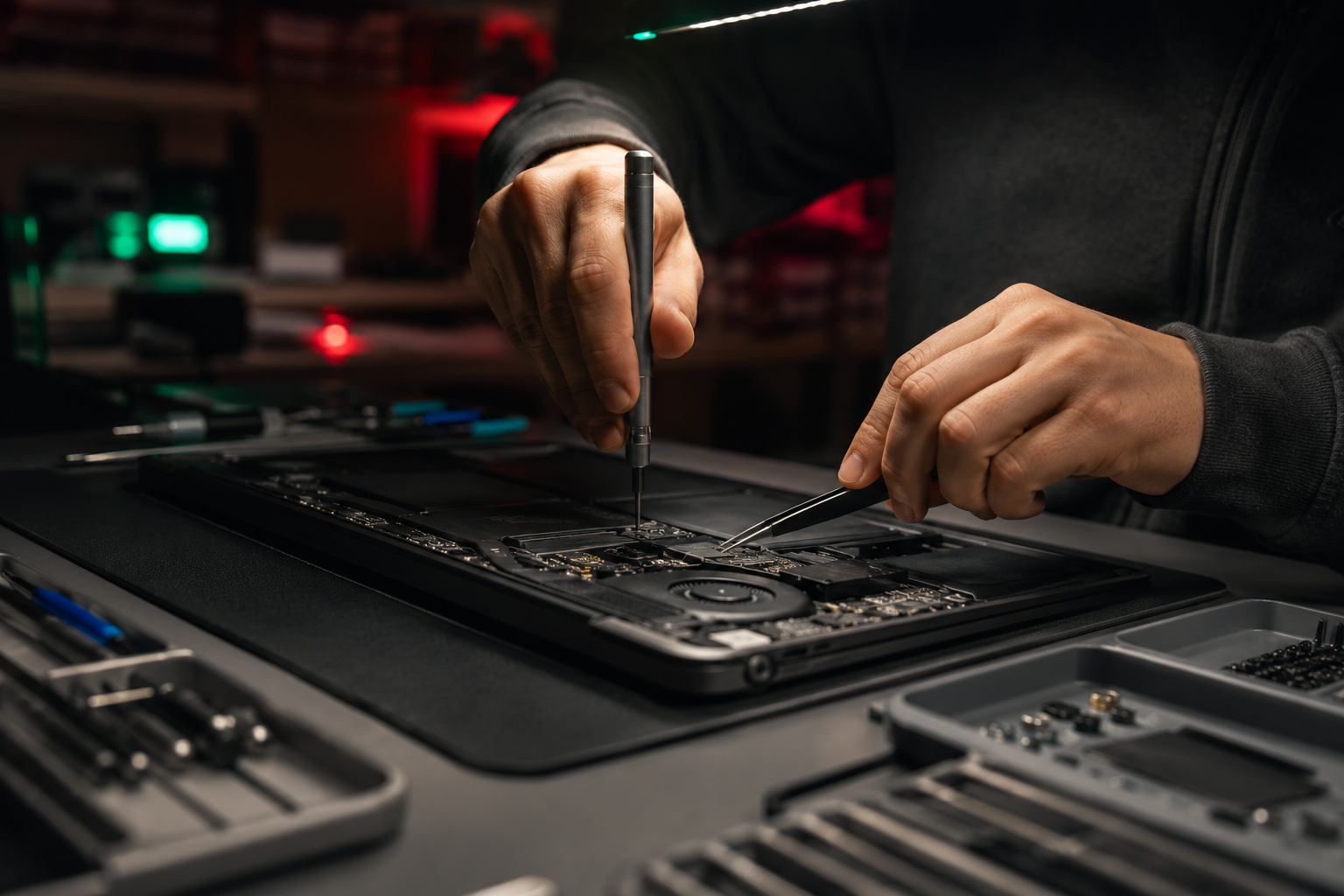 A dealbyu technician repairing a laptop at the service bench