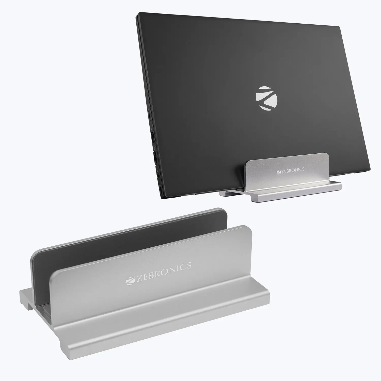 Zebronics Zeb-NS2000V (Vertical) — Aluminium alloy + silicone pads, Vertical (closed-laptop) stand