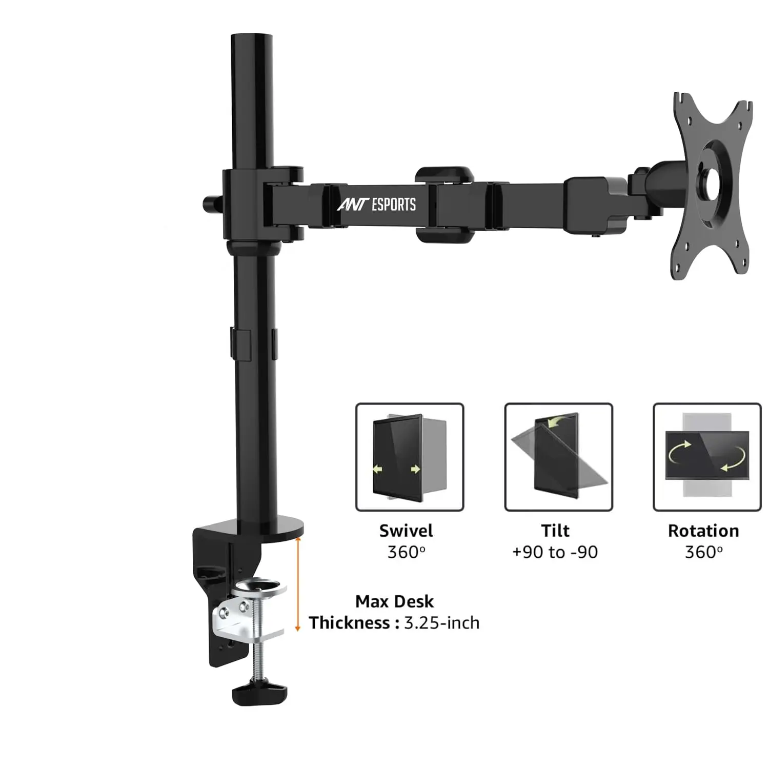 Ant Esports MA111 Single Arm Articulating Monitor Desk Mount — 75x75 mm and 100x100 mm, 13 in to 30 in (ultrawide up to 38 in)