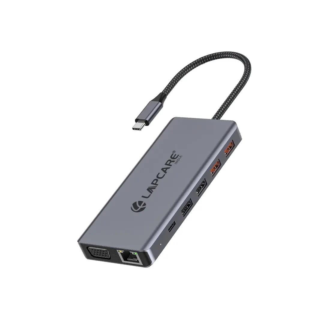 Lapcare LAP-C 13-in-1 USB-C Docking Station (LOX-038) — 4K HDMI + VGA, 2x USB 3.2 (10Gbps), 2x USB 2.0 (480Mbps), Gigabit RJ45, SD + MicroSD, 3.5mm audio, USB-C PD, HDMI 4K@30Hz / 1080p@60Hz; VGA 1920x1080@60Hz